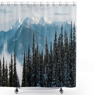 Personality  Scenic View Of Snowy Mountains With Pine Trees In White Fluffy Clouds, Panoramic Shot Shower Curtains