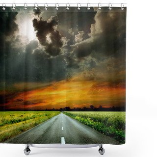 Personality  An Asphalt Road At Sunset, Dawn Shower Curtains