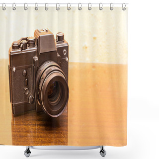 Personality  Vintage Camera On Old Wooden Table. Shower Curtains