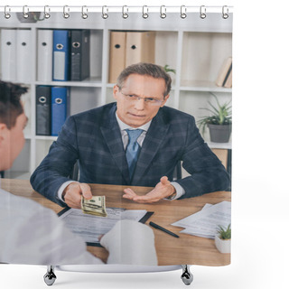 Personality  Businessman In Blue Jacket Sitting At Table And Giving To Worker With Broken Arm Money In Office, Compensation Concept Shower Curtains