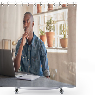 Personality  Thoughtful Designer In Studio With Laptop Shower Curtains