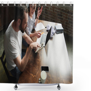 Personality  High Angle View Of Young Couple Counting Tax And Bills With Laptop And Calculator Shower Curtains