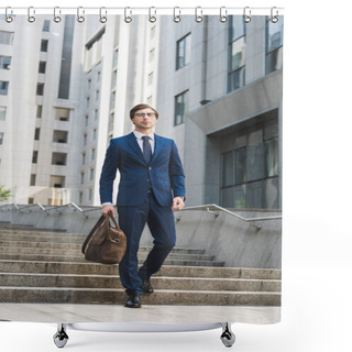 Personality  Handsome Young Businessman In Stylish Suit With Briefcase In Business District Shower Curtains