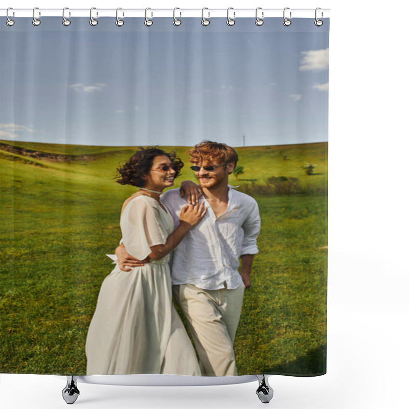 Personality  Just Married Couple, Happy Asian Bride In White Dress Walking With Groom In Field, Countryside Shower Curtains