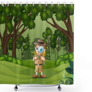 Personality  Boy Explorer With Magnifying Glass In The Forest Shower Curtains