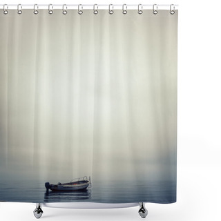 Personality  Lonely Boat In Calm Water In The Harbor Shower Curtains