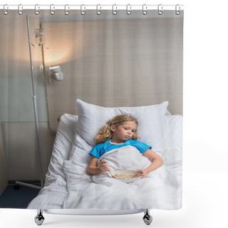 Personality  Preschooler Kid Lying On Bed In Hospital With Plate Of Oatmeal  Shower Curtains