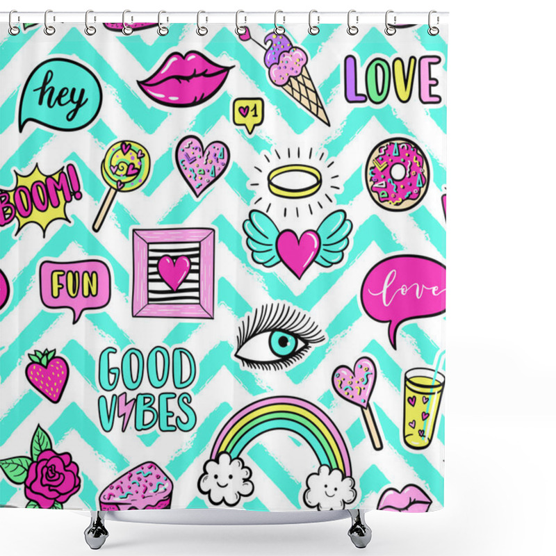 Personality  Vector Seamless Pattern With Fashion Fun Patches: Eyes, Lip, Star, Strawberry, Good Vibes Speech Bubble On Stripe Background. Pop Art Stickers, Patches, Pins, Badges 80s-90s Style Shower Curtains