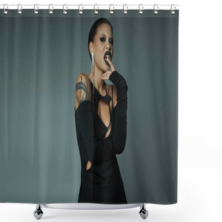 Personality  Tattooed Woman In Black Halloween Dress, With Wicked Face Expression Looking At Camera On Grey Shower Curtains