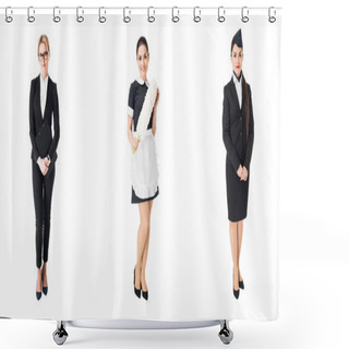 Personality  Collage With Female Professions Maid, Businesswoman And Stewardess Isolated On White Shower Curtains