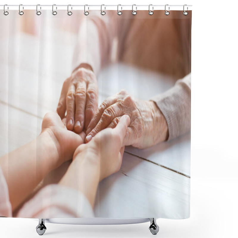 Personality  Grandmother and granddaughter holding hands. shower curtains