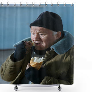 Personality  Depressed Senior-aged Beggar Eating Bread. Shower Curtains