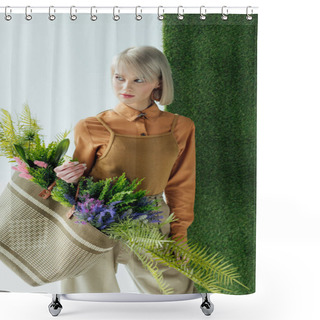 Personality  Beautiful Stylish Girl Holding Bag With Fern And Flowers On White With Green Grass  Shower Curtains