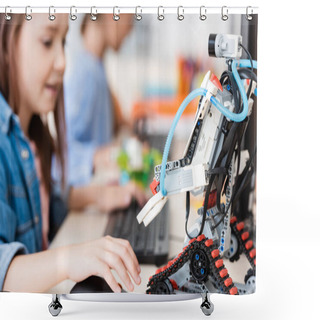 Personality  Selective Focus Of Robot Near Schoolgirl Using Computer In School  Shower Curtains