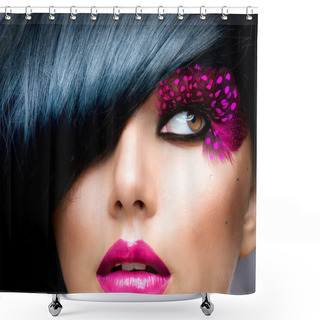 Personality  Fashion Brunette Model Portrait. Hairstyle Shower Curtains
