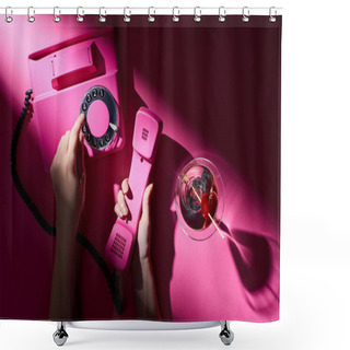 Personality  Cropped View Of Woman Using Retro Telephone With Martini Beside On Pink Background Shower Curtains