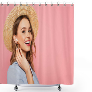 Personality  Pretty Woman In Sun Hat Listening Music In Earphone Isolated On Pink  Shower Curtains