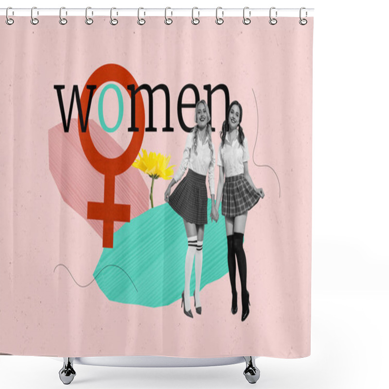 Personality  Photo Banner Collage Illustration Of Two Young Girlfriends In Mini Skirts And High Heels Seducing Isolated On Pink Color Background. Shower Curtains