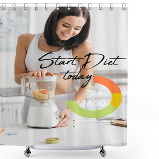 Personality  Beautiful Smiling Sportswoman Preparing Smoothie Near Start Diet Today Illustration Shower Curtains