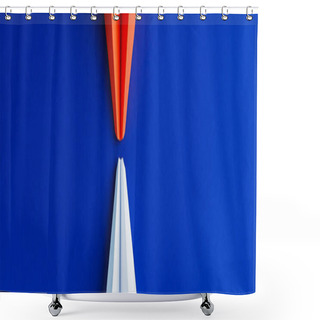 Personality  Flat Lay With White And Red Paper Planes On Blue Background, Leadership Concept, Panoramic Shot Shower Curtains