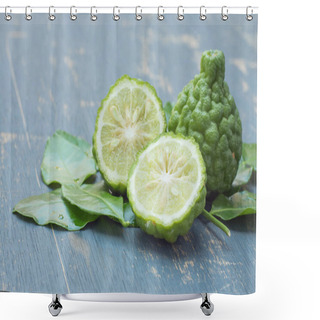 Personality  Bergamot With Green Leafs On Plywood Background. Shower Curtains