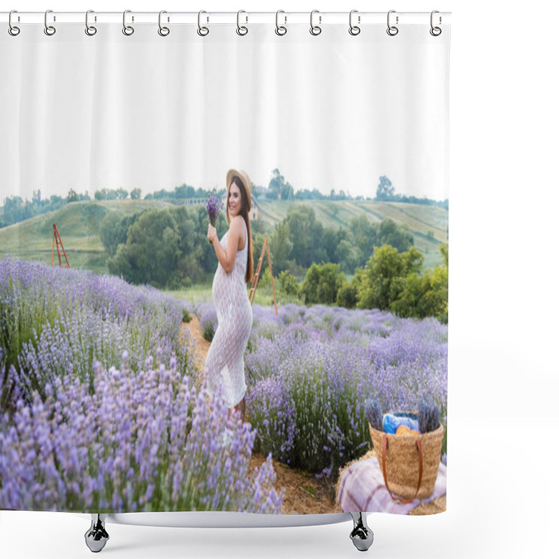 Personality  Beautiful Pregnant Woman In White Dress At Violet Lavender Field With Picnic Basket On Hay Bale Shower Curtains