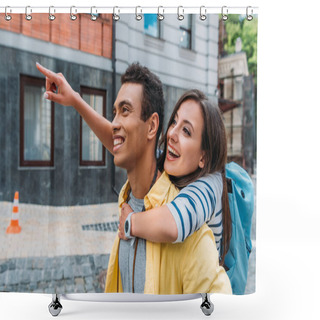 Personality  Happy Girl Hugging Cheerful Mixed Race Man And Pointing With Finger Near Building  Shower Curtains
