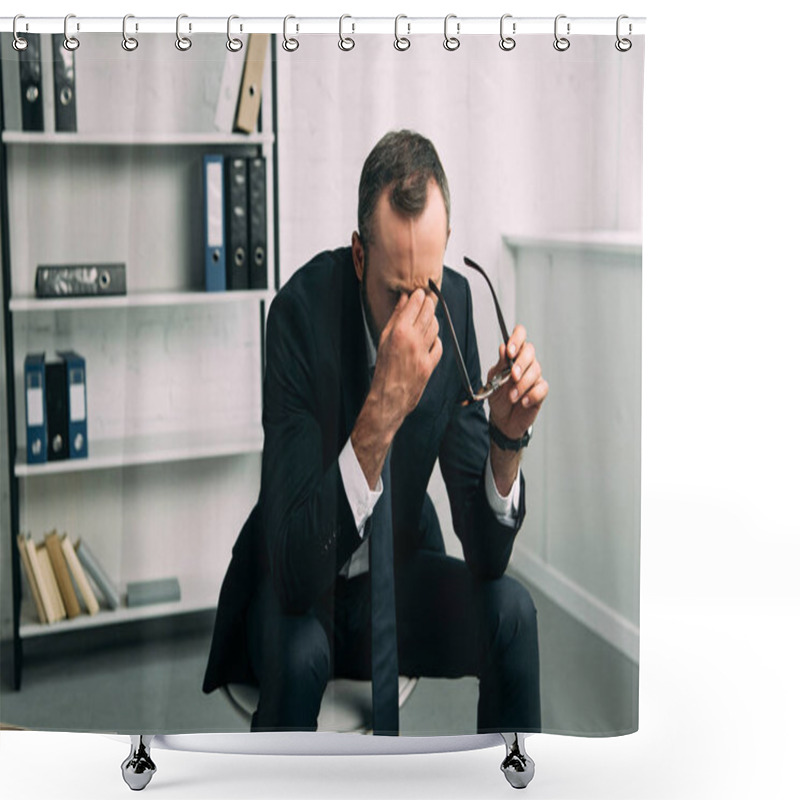 Personality  portrait of overworked businessman in suit with eyeglasses in office shower curtains