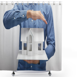 Personality  Cropped Shot Of Man Holding Small House Model On Grey, Insurance Concept Shower Curtains