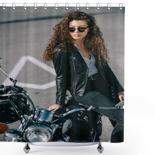 Personality  Beautiful Woman In Sunglasses Sitting On Vintage Motorbike On Parking Shower Curtains