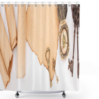 Personality  Top View Of Vintage Keys And Compass On Aged Paper Isolated On White, Panoramic Shot Shower Curtains