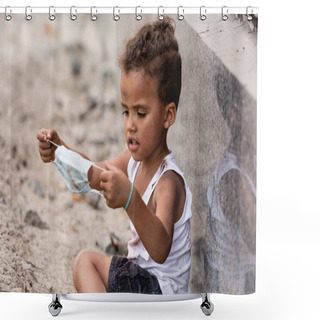 Personality  Poor African American Boy Holding Dirty Medical Mask Outside Shower Curtains