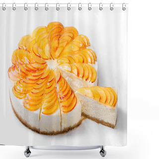 Personality  Cheese Cake With Peach Slices Isolated On White Background. Shower Curtains