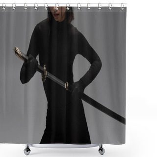 Personality  Cropped View Of Woman In Black Outfit Pulling Out Katana From Scabbard Isolated On Grey Shower Curtains