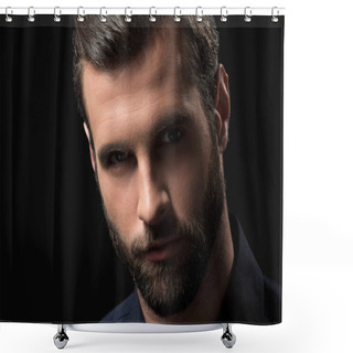 Personality  Portrait Of Confident Bearded Man Looking At Camera Isolated On Black Shower Curtains