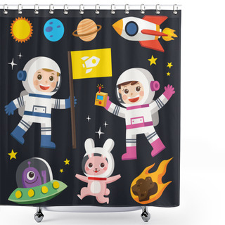Personality  Conquest Of Space. Space Elements. Planet Earth, Sun And Galaxy, Spaceship And Star, Moon And Small Kids Astronaut, Vector Illustration. Shower Curtains