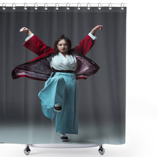 Personality  Full Length View Of Asian Woman In Traditional Japanese Kimono Looking At Camera On Grey Shower Curtains