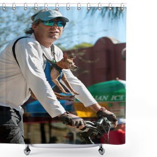 Personality  Man Rides Bike With Small Dog Strapped To Chest Shower Curtains