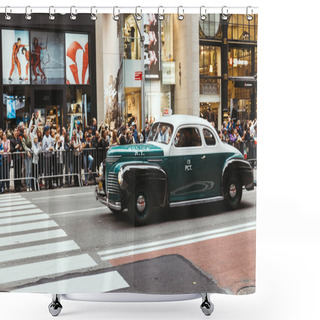 Personality  NEW YORK, USA - OCTOBER 8, 2018: City Parade With Retro Car On Street In New York, Usa Shower Curtains