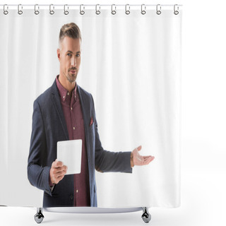 Personality  Man In Jacket Holding Digital Tablet And Doing Invite Gesture Isolated On White Shower Curtains