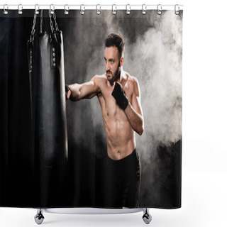 Personality  Handsome Shortless Boxer Hitting Punching Bag On Black With Smoke Shower Curtains