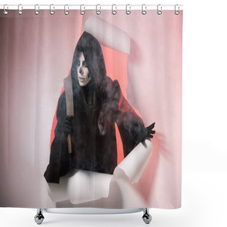 Personality  Woman In Death Costume Holding Cleaver And Getting Out Of Hole In Paper Shower Curtains