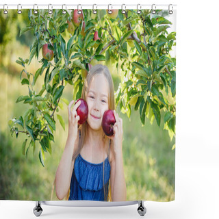 Personality  Cute Little Girl Having Fun And Holding Red Apples Near Cheeks On Head While Standing In Autumn Orchard, Harvest Concept Shower Curtains