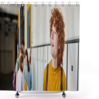 Personality  Banner, Redhead And Curly Schoolboy Looking Away While Smiling In School Hallway, Blurred, Students Shower Curtains