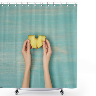 Personality  Cropped View Of Woman Holding Yellow Slice Of Pineapple On Turquoise Wooden Table Shower Curtains