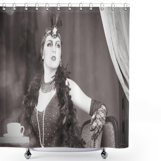 Personality  Retro Woman 1920s - 1930s Sitting With Cup Of Tea Shower Curtains