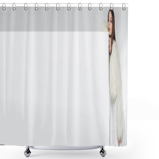 Personality  Pretty Young Woman In White Faux Fur Jacket Leaning On Cube While Posing On Grey, Banner Shower Curtains
