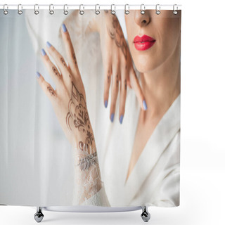 Personality  Cropped View Of Young Indian Bride With Mehndi On Hands Isolated On White Shower Curtains