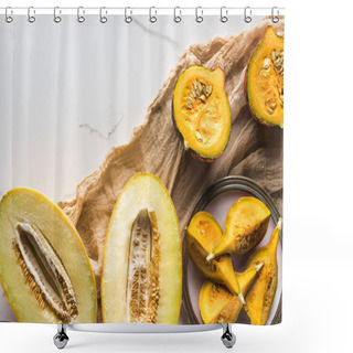 Personality  Top View Of Melon Halves And Plate With Pumpkin On Canvas Shower Curtains