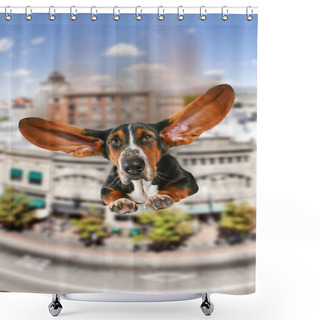 Personality  A Basset Hound With Giant Flapping Ears Flying Over A City Shower Curtains